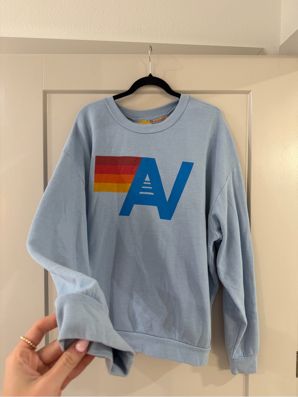 Aviator Nation Ice Blue Sweatshirt/Sweatpants Set Multicolor Stripe AV Logo